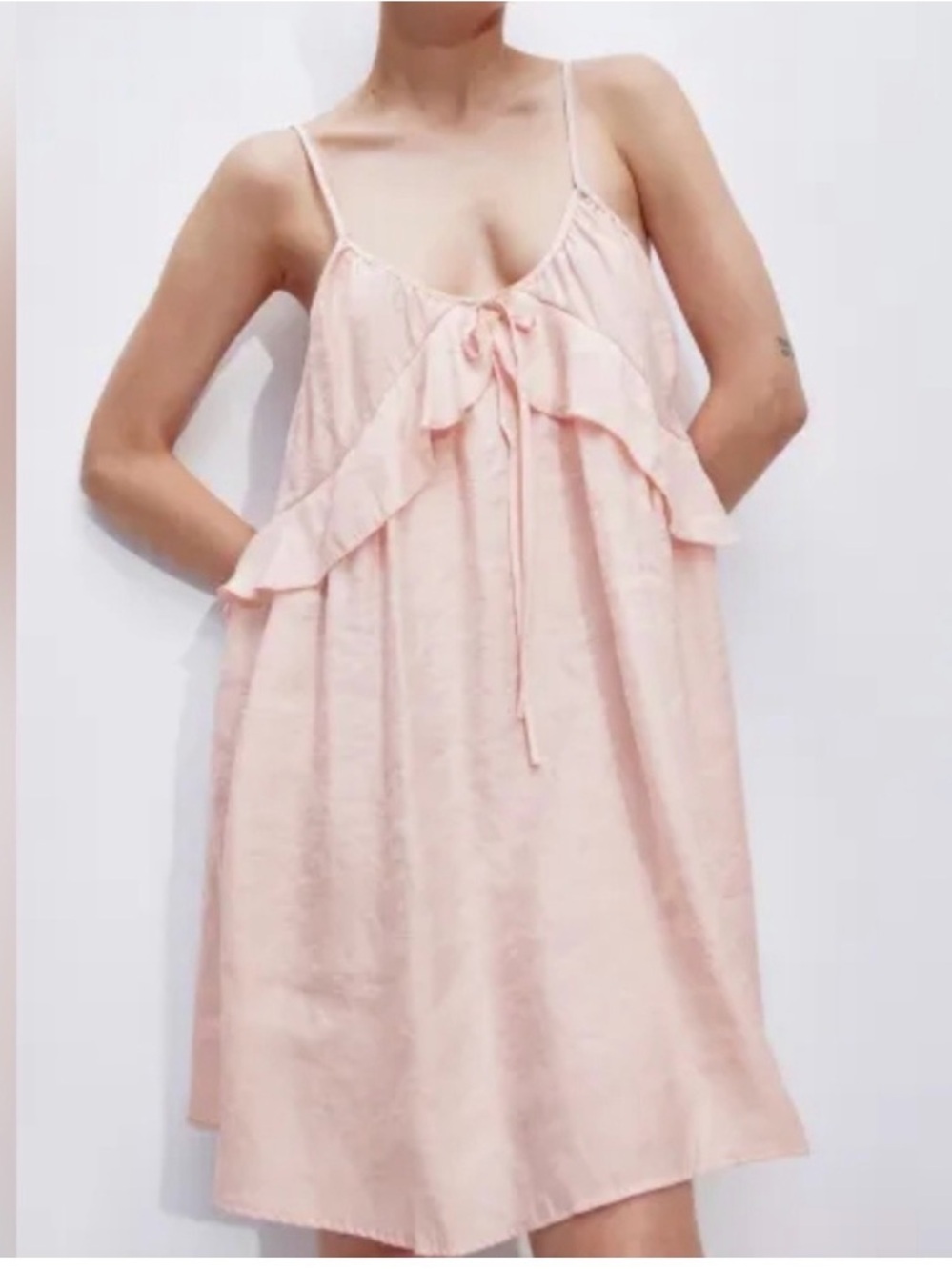 H&M Womens M Flounce Trimmed Trapeze Swing Spaghetti Strap Sundress Lightweight
